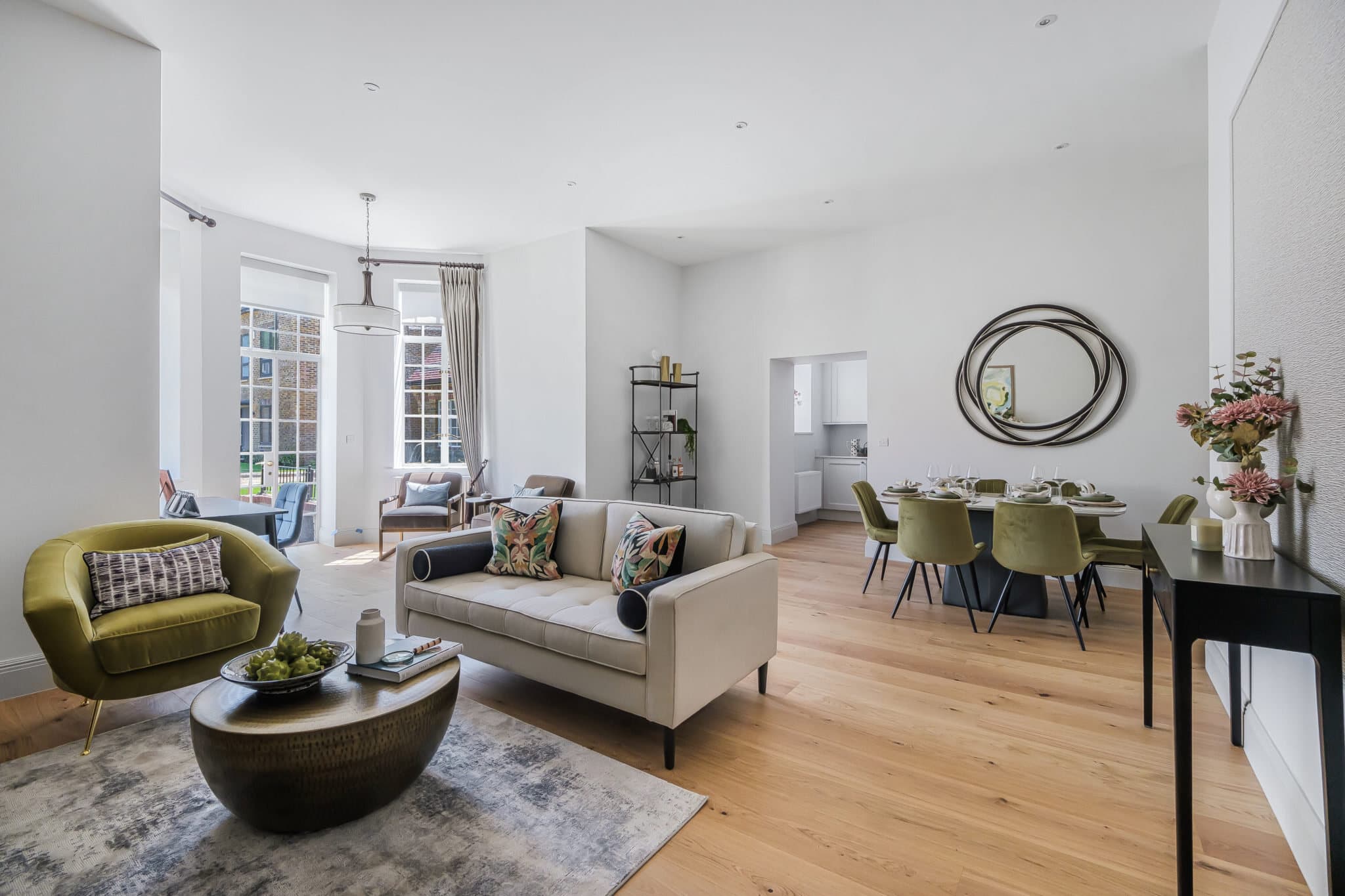 Staged drawing room with period windows